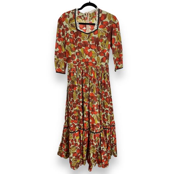 Vintage 60s 70s Handmade Fall Leaves Cotton Full Sweep Dress Prairie Cottagecore - Picture 1 of 4